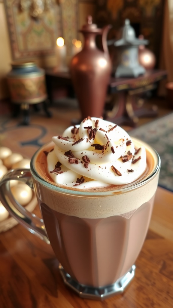 A cup of Dubai Chocolate Spiced Delight hot chocolate, topped with whipped cream and chocolate shavings, in a cozy setting.